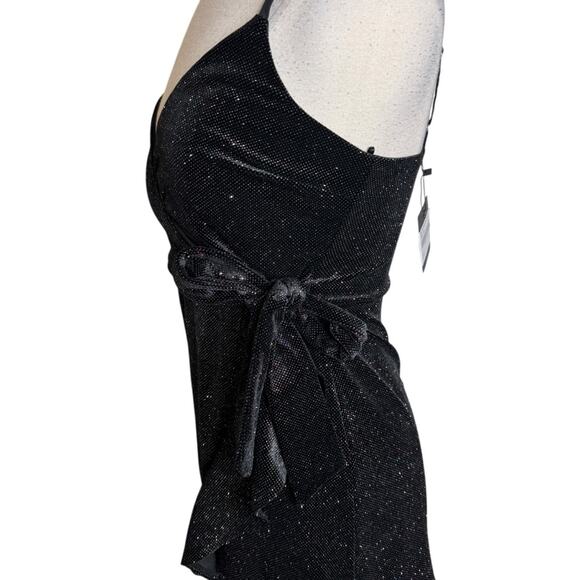 Dress Forum‎ Sleeveless Shimmer Ruffled Wrap Mini Dress Black Womens Small New - Picture 5 of 10